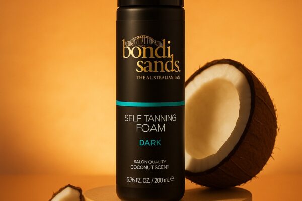 Self tanning foam bottle staged on a reflective sand podium