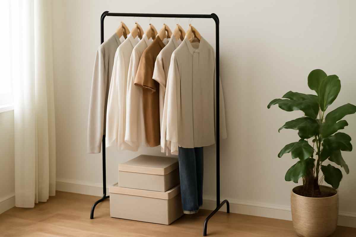Compact clothing rack used in a small apartment