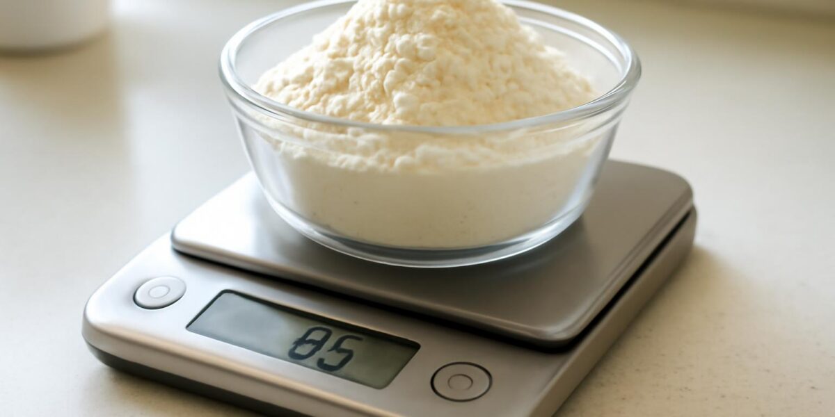 Kitchen scale showing precise gram measurement for flour during baking
