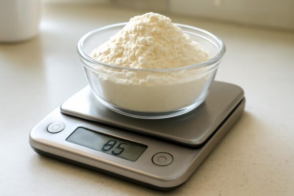 Kitchen scale showing precise gram measurement for flour during baking