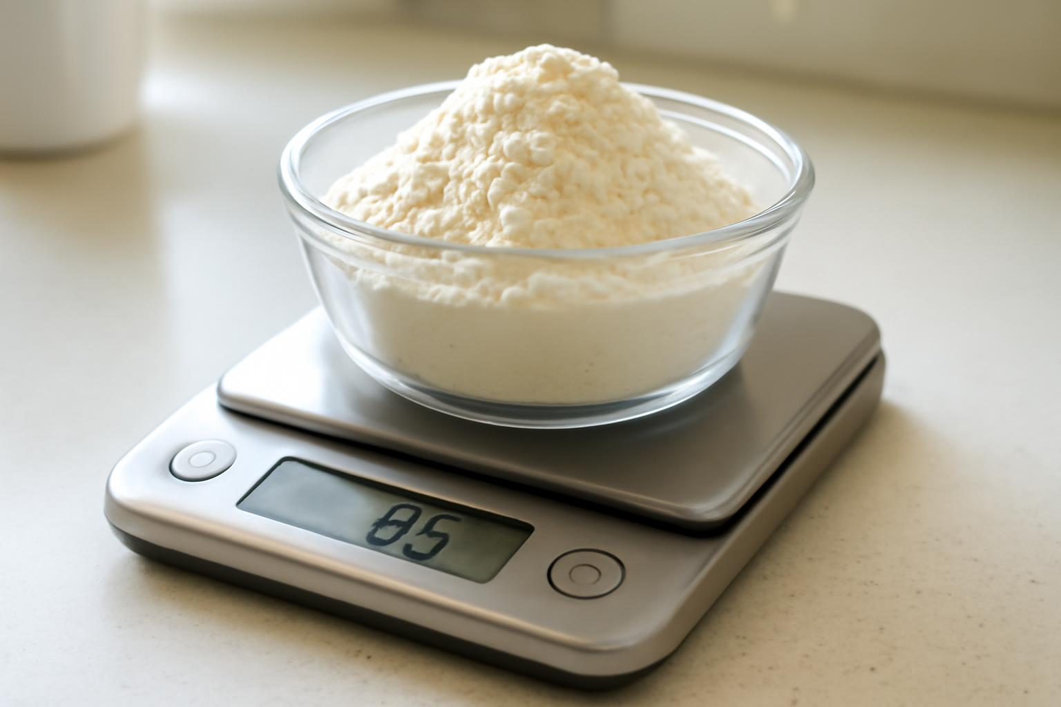 Kitchen scale showing precise gram measurement for flour during baking
