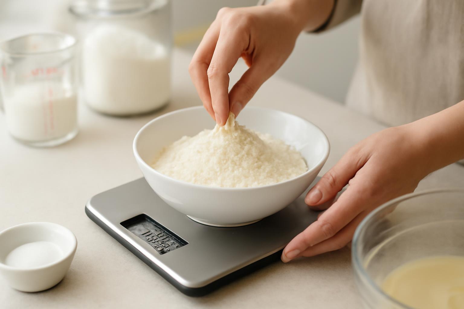 Baker measuring ingredients carefully with a digital kitchen scale