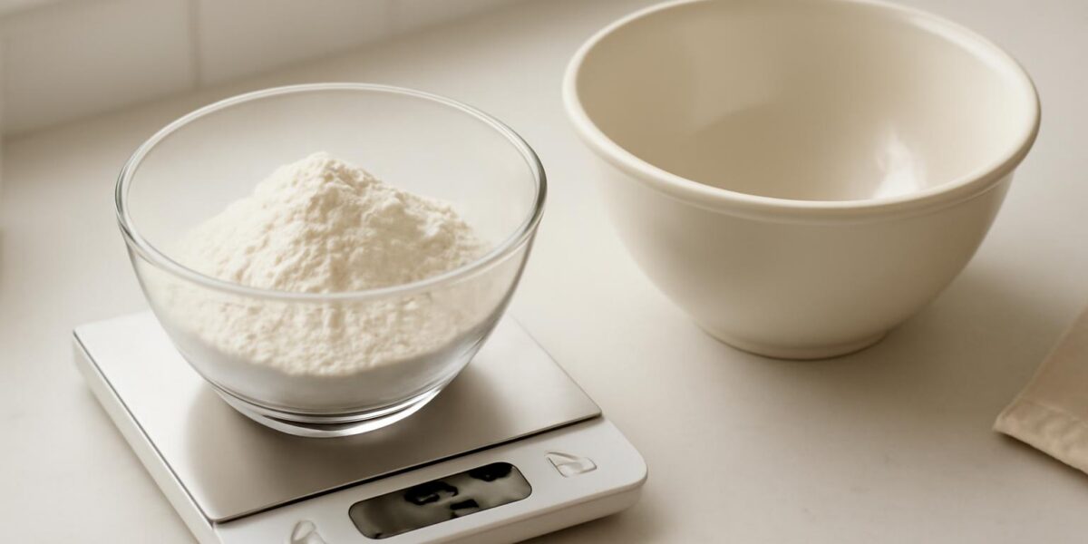 Kitchen scale weighing flour beside a mixing bowl