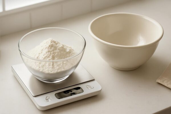 Kitchen scale weighing flour beside a mixing bowl