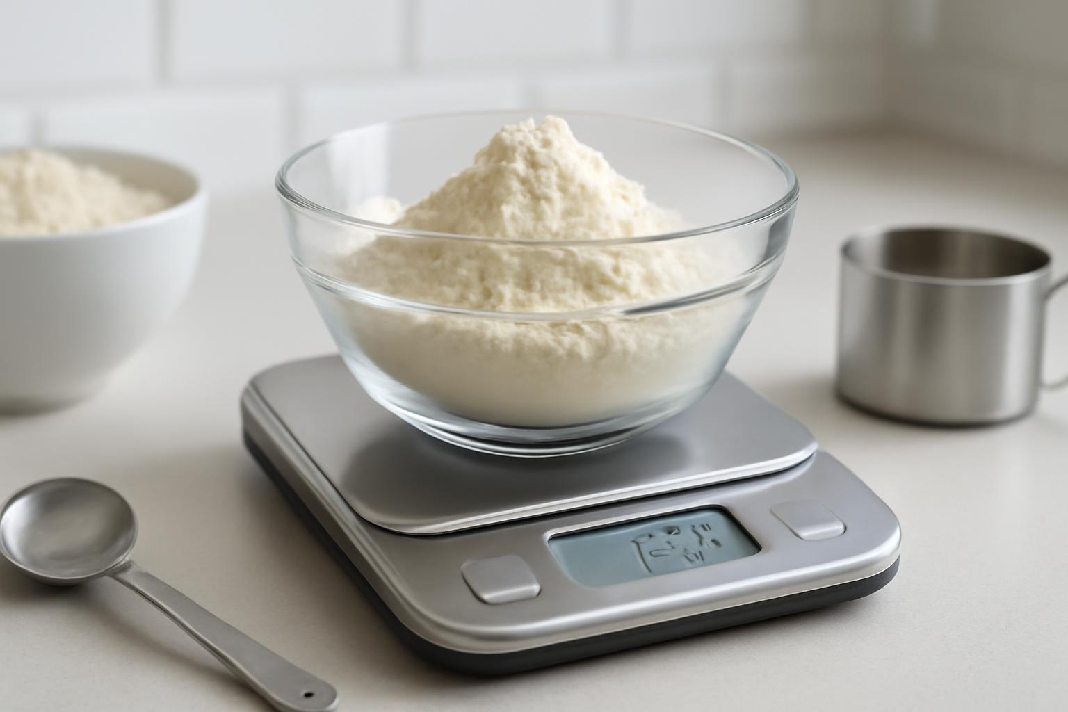 Close-up of a kitchen scale measuring baking ingredients in grams