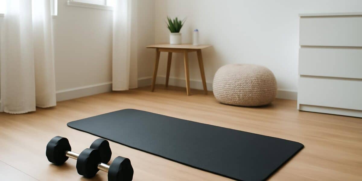 Compact home workout setup in a small apartment space