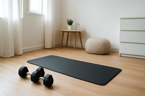 Compact home workout setup in a small apartment space