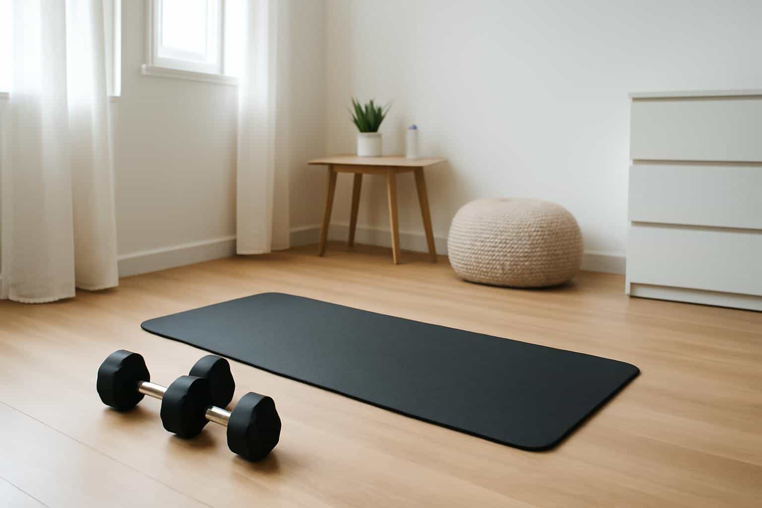 Compact home workout setup in a small apartment space