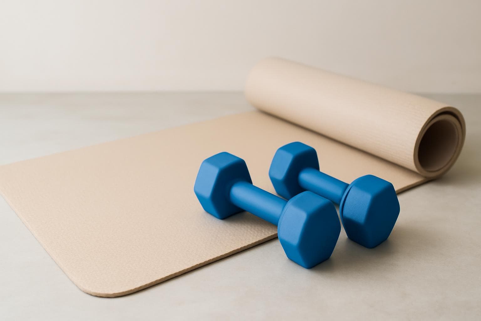 Pair of dumbbells and workout accessories on a small floor space