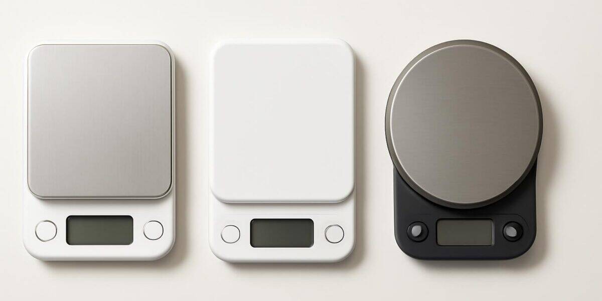 Studio ecommerce comparison image showing three digital kitchen scales