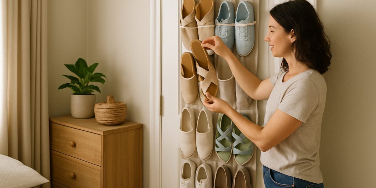 Woman using an over-the-door shoe organizer in a compact apartment closet