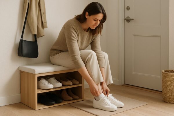 Woman sitting on a narrow shoe storage bench while putting on sneakers in a small entryway