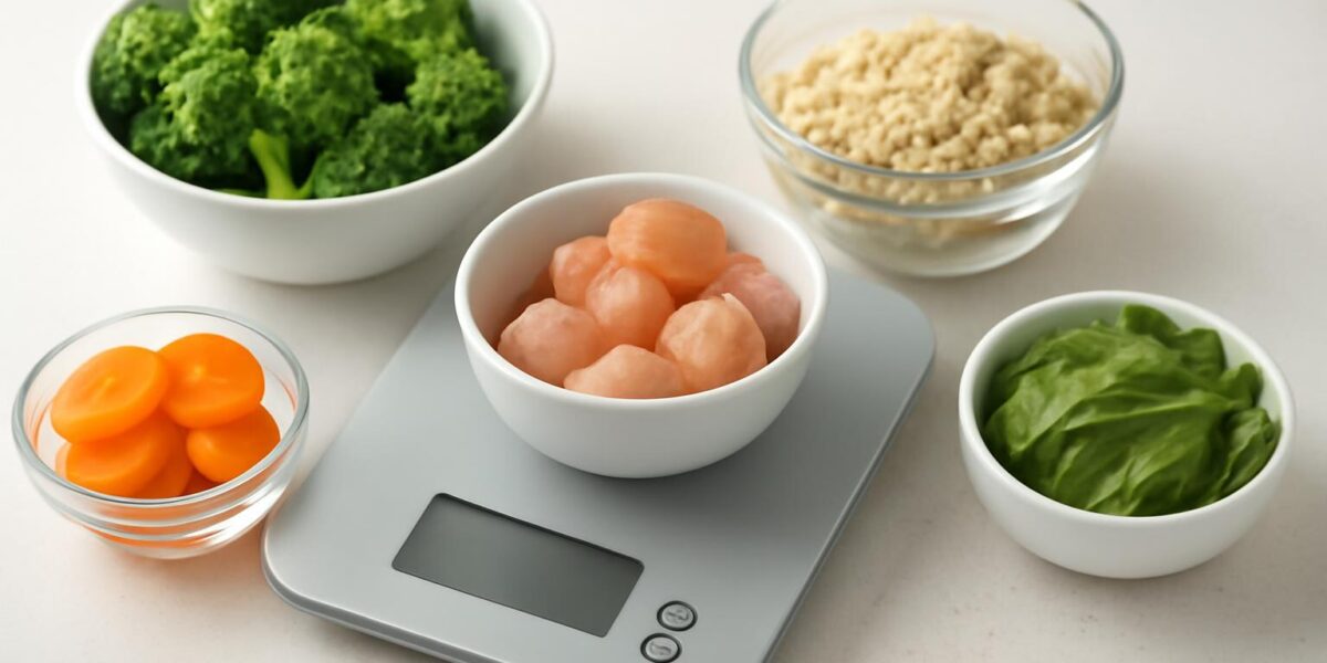 Food scale with portioned ingredients for calorie counting