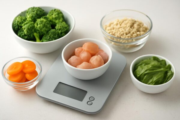Food scale with portioned ingredients for calorie counting