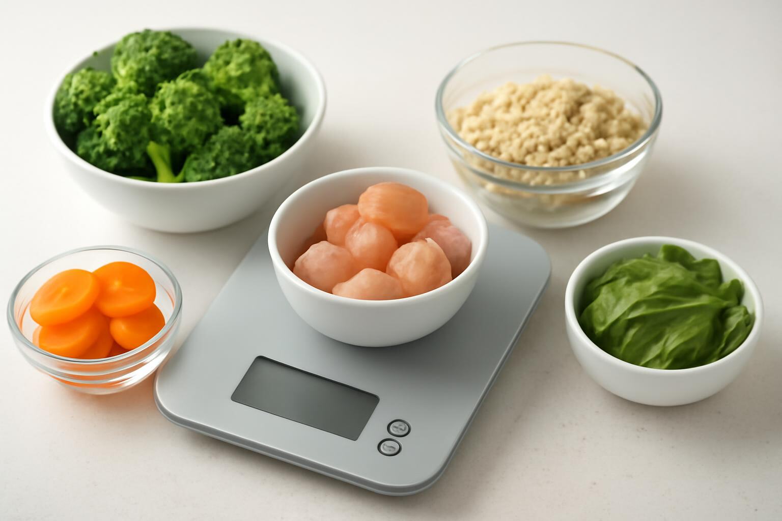 Food scale with portioned ingredients for calorie counting