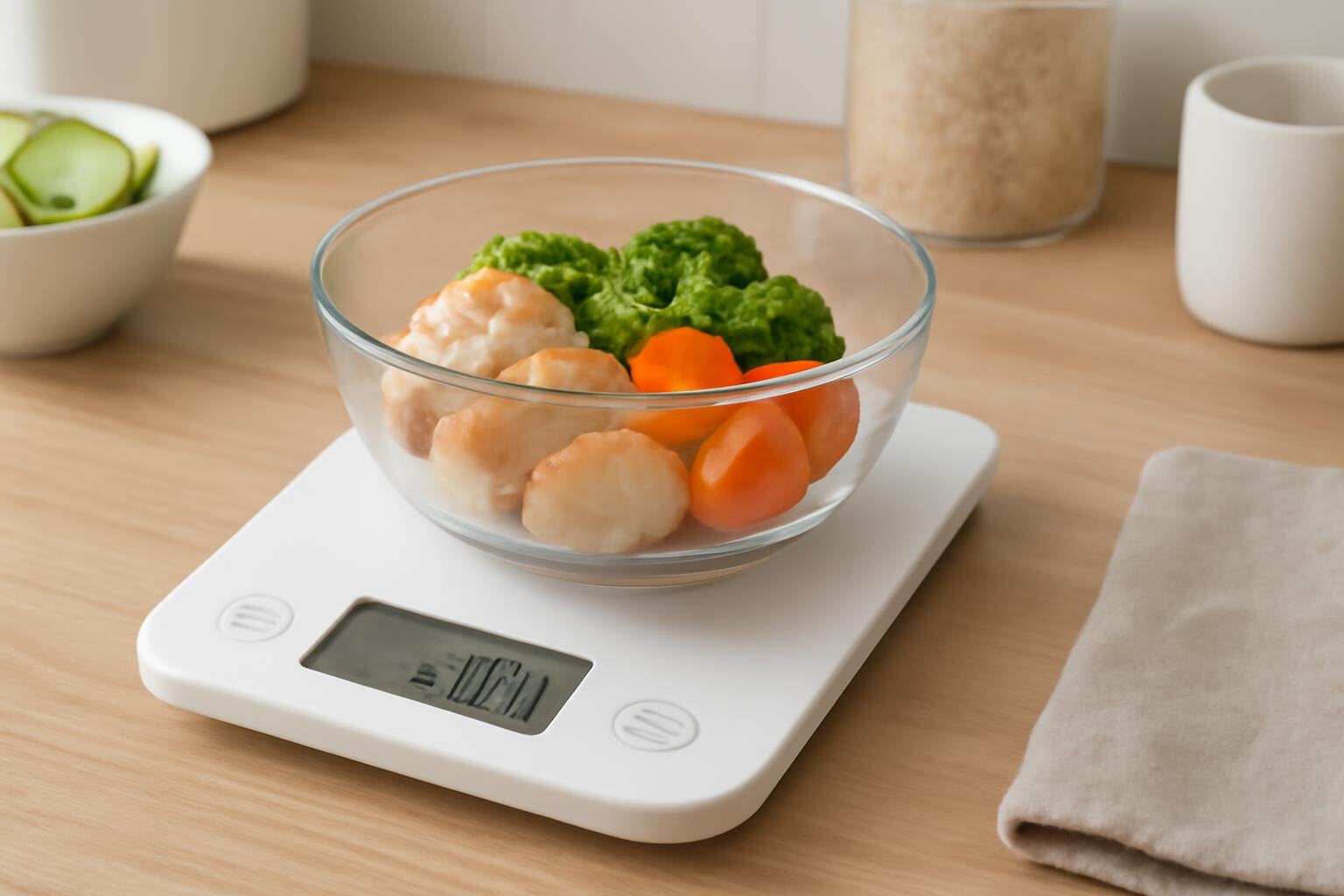 Kitchen scale used to weigh food portions for calorie and macro tracking