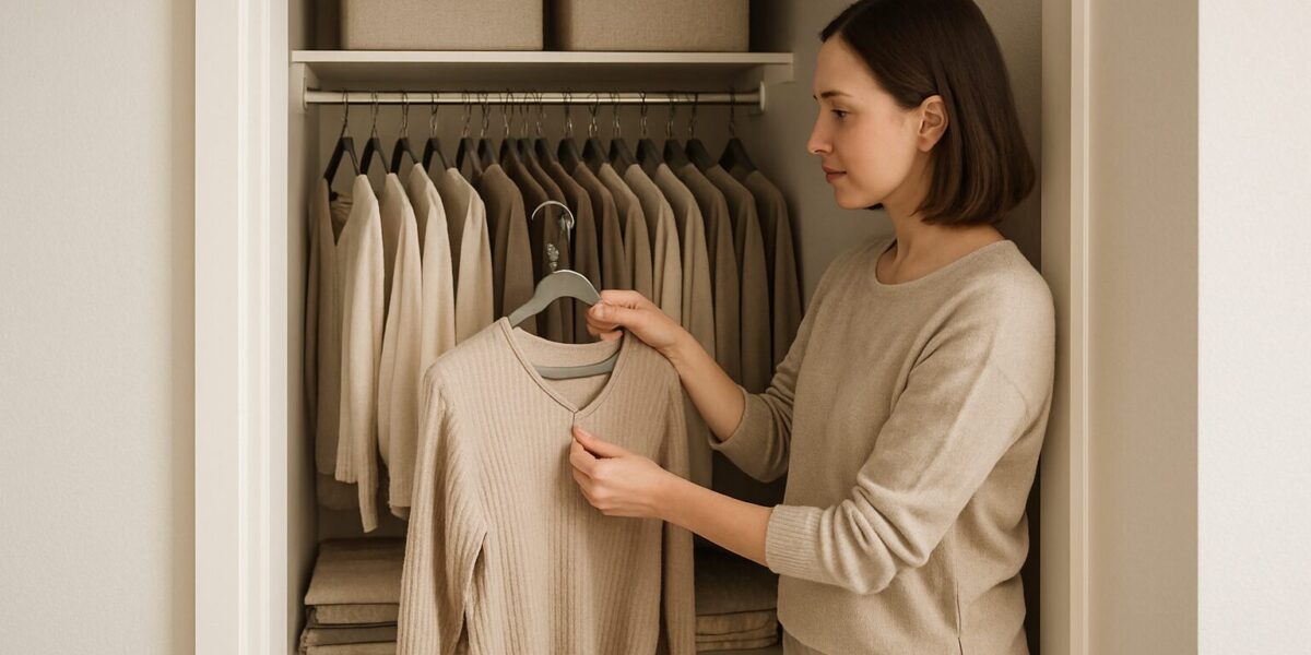 Woman organizing a small apartment closet with hangers and storage bins