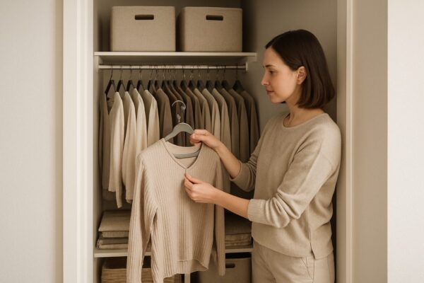 Woman organizing a small apartment closet with hangers and storage bins