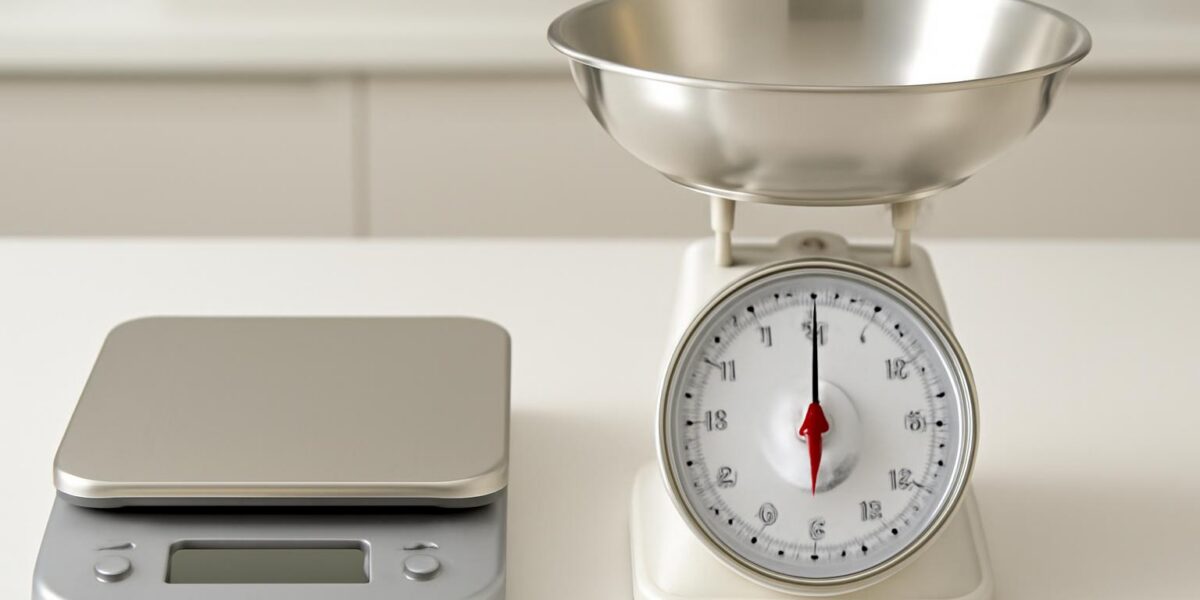 Digital and mechanical kitchen scales side by side on a kitchen counter
