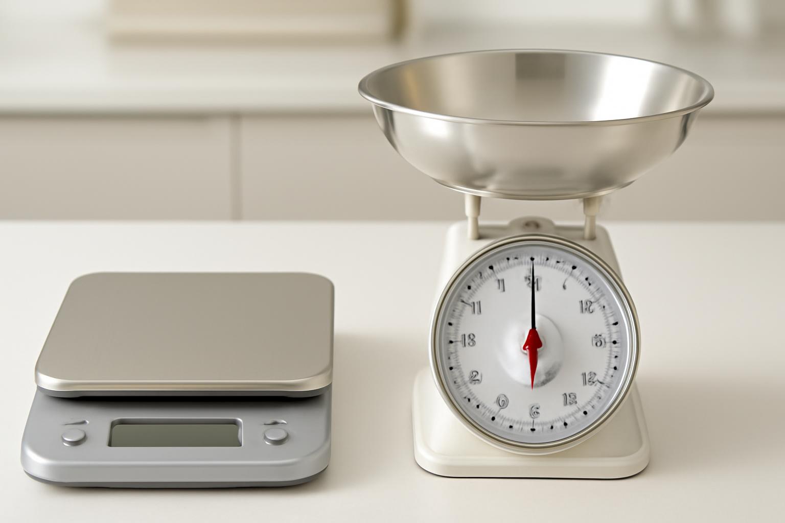 Digital and mechanical kitchen scales side by side on a kitchen counter