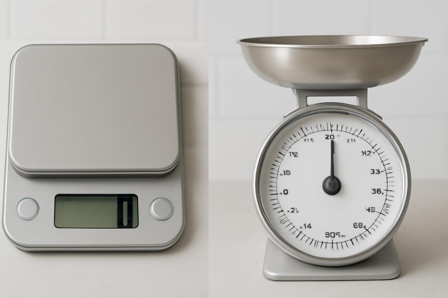 Close-up comparison of digital and mechanical kitchen scale displays
