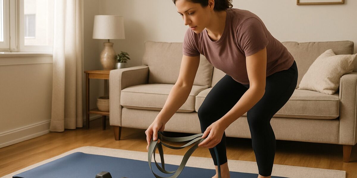 Woman setting up a simple beginner home gym in a small apartment