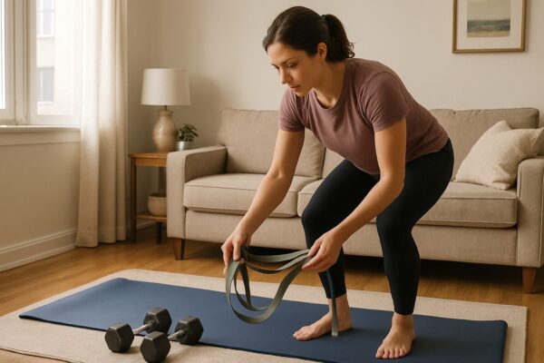 Woman setting up a simple beginner home gym in a small apartment