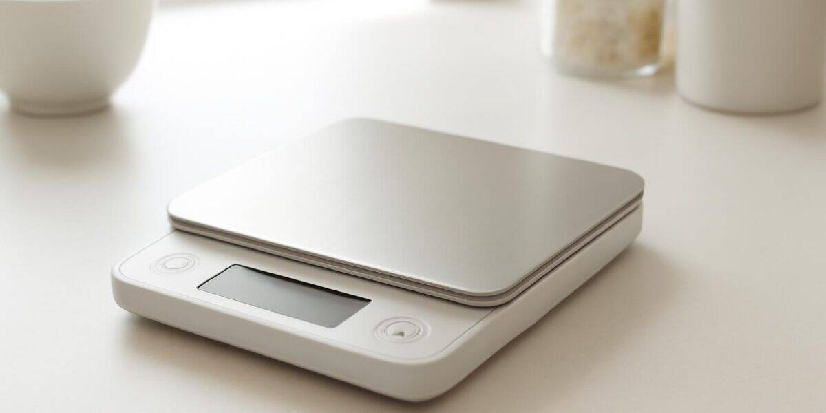 Kitchen scale on a clean counter in a studio ecommerce style