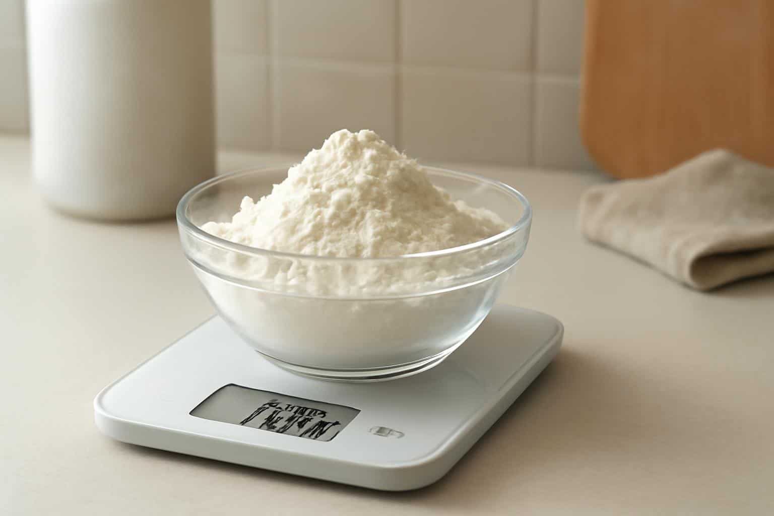 Close-up of flour being measured on a digital kitchen scale