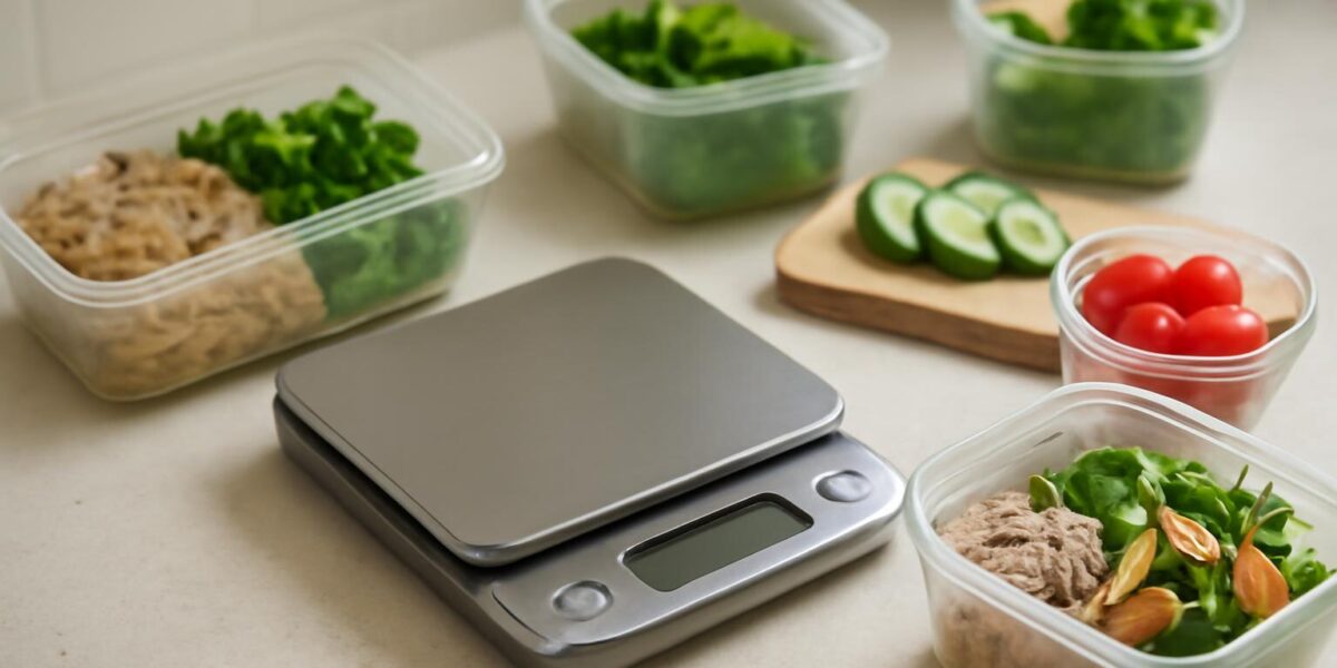 Kitchen scale with meal prep containers and portioned ingredients