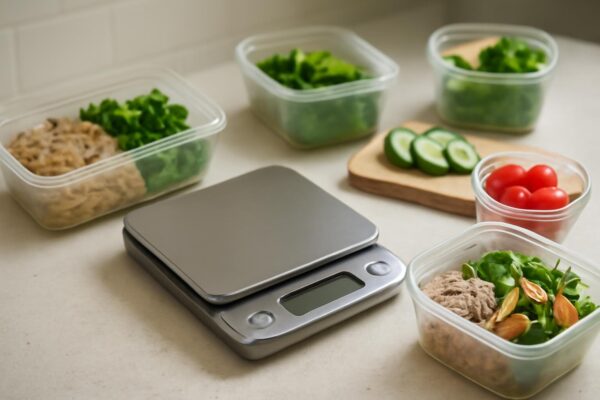 Kitchen scale with meal prep containers and portioned ingredients