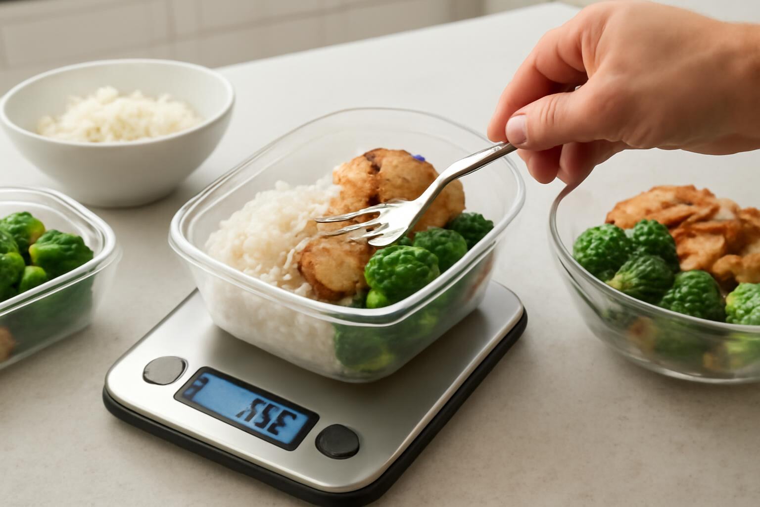 Digital food scale used for portioning chicken rice and vegetables