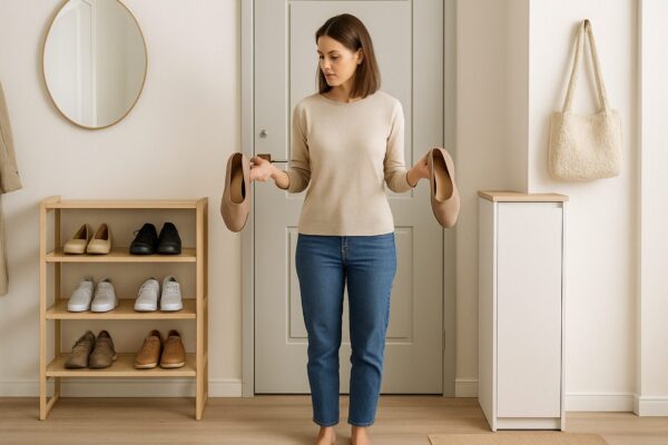 Woman comparing a shoe rack and a shoe cabinet in a small apartment entryway