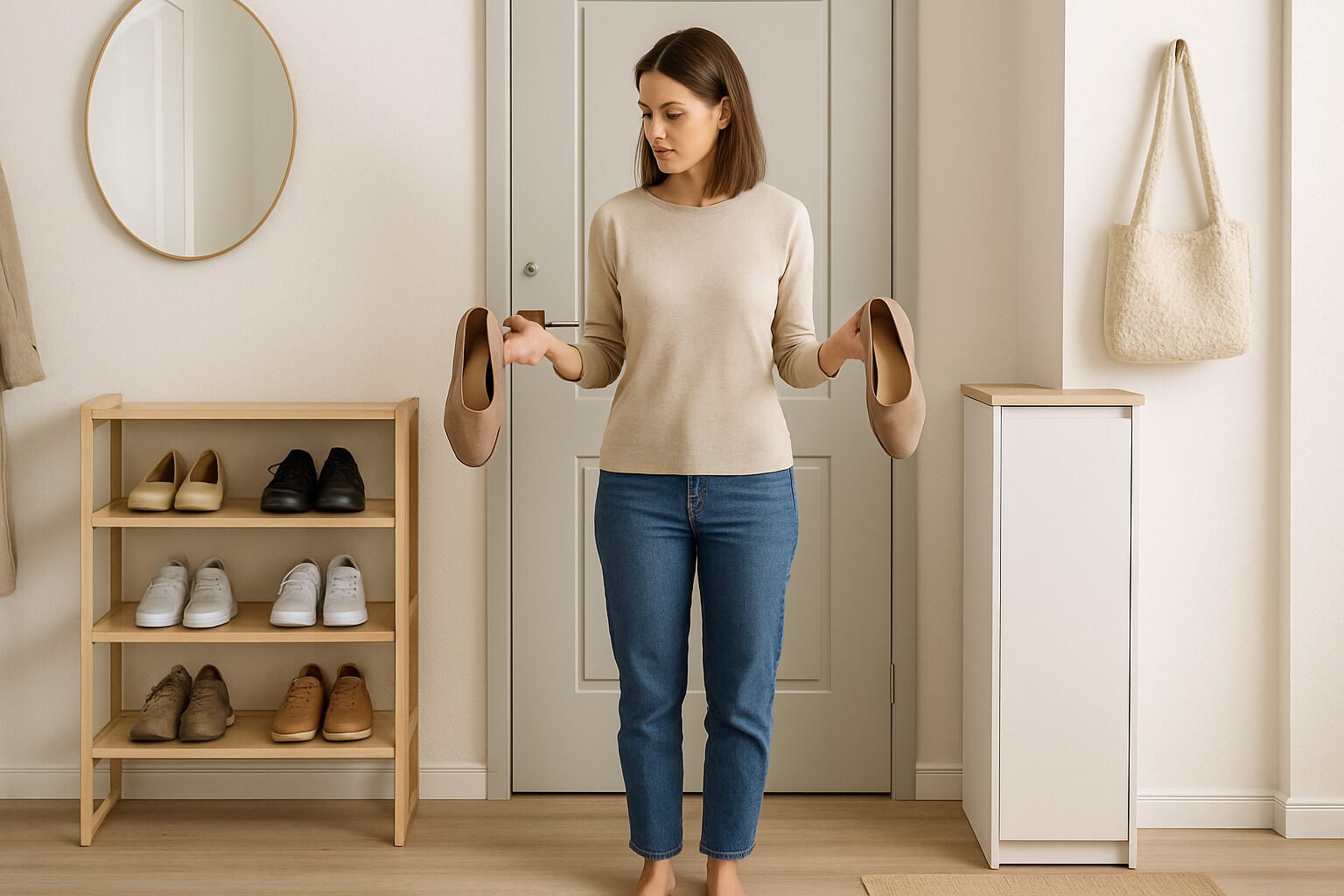 Woman comparing a shoe rack and a shoe cabinet in a small apartment entryway