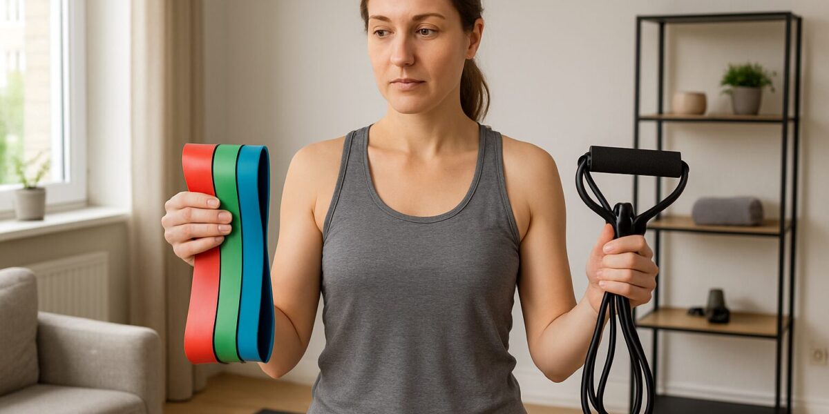 Woman comparing loop bands and tube bands in a home workout space