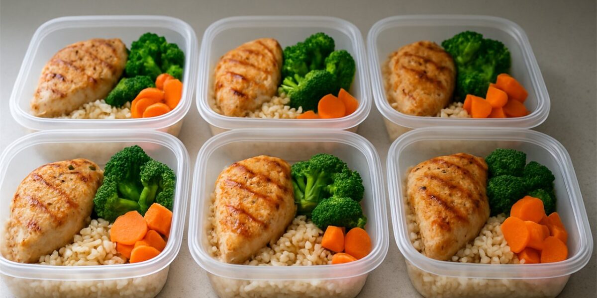 Five meal prep containers with evenly portioned chicken