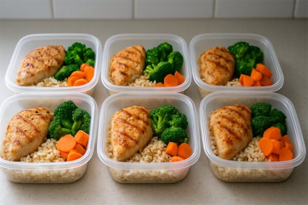 Five meal prep containers with evenly portioned chicken