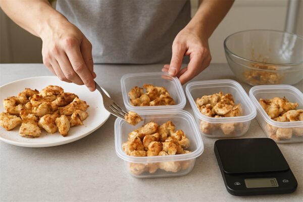Cooked chicken being portioned into meal prep containers with a scale