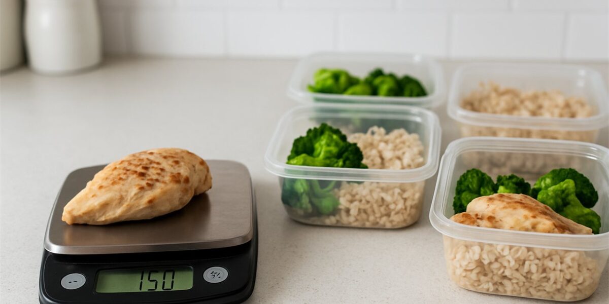Digital food scale weighing cooked chicken for meal prep