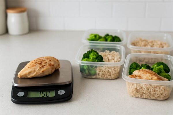 Digital food scale weighing cooked chicken for meal prep