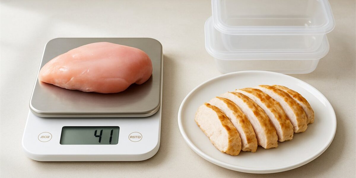 Raw chicken breast and cooked chicken on a scale for meal prep