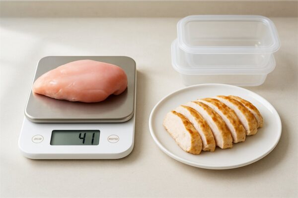 Raw chicken breast and cooked chicken on a scale for meal prep