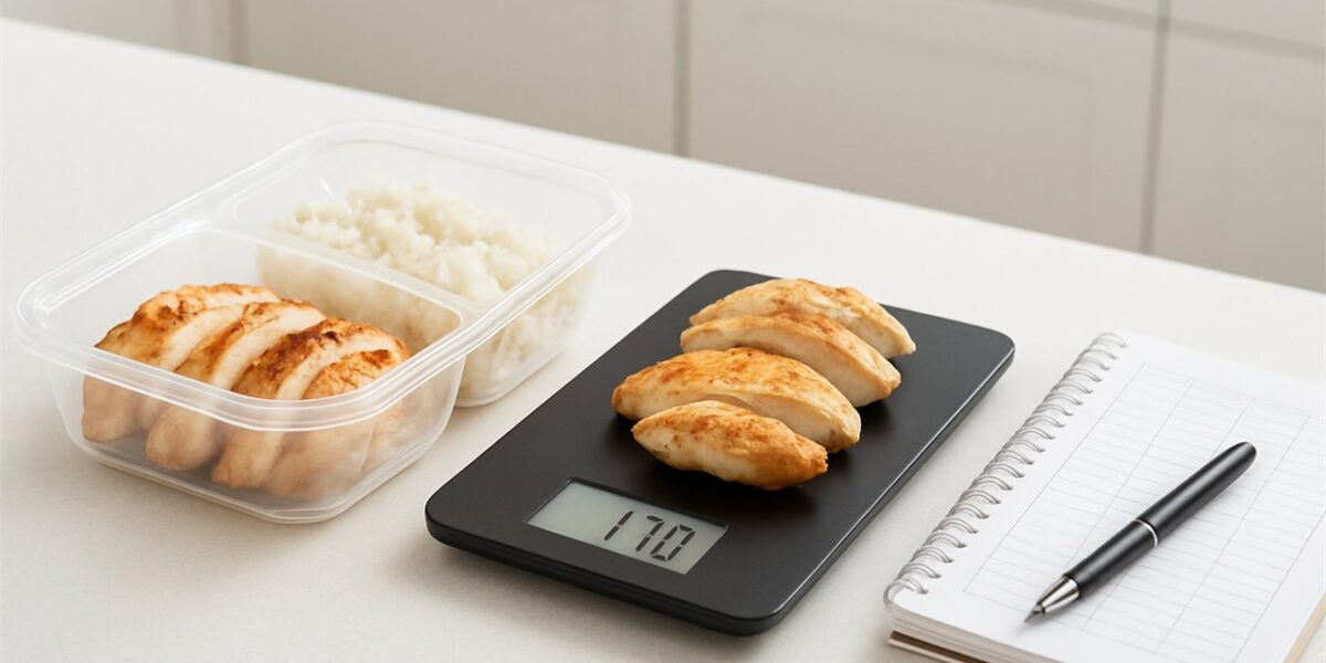 Digital food scale with cooked chicken for calorie tracking