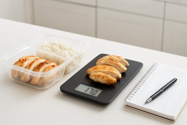 Digital food scale with cooked chicken for calorie tracking